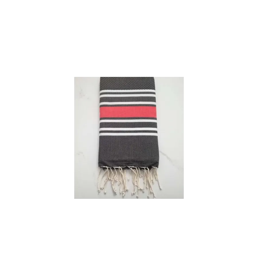Fouta nid d'abeille gris anthracite rayée rouge anglais 