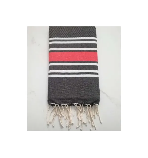 Fouta nid d'abeille gris anthracite rayée rouge anglais 