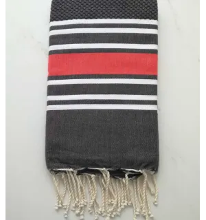 Fouta nid d'abeille gris anthracite rayée rouge anglais 