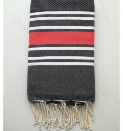 Fouta nid d'abeille gris anthracite rayée rouge anglais