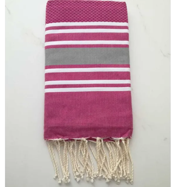 Fouta nid d'abeille violine rayée gris 