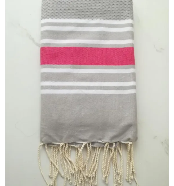 Fouta nid d'abeille gris rayée rose foncé 