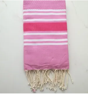 Fouta nid d'abeille rose clair rayée rose foncé 