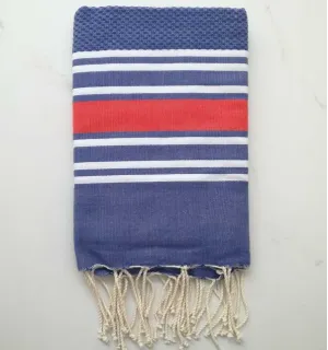 Fouta nid d'abeille bleu moyen rayée orange foncé 