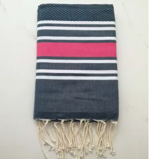 Fouta nid d'abeille bleu pétrole rayée rose 