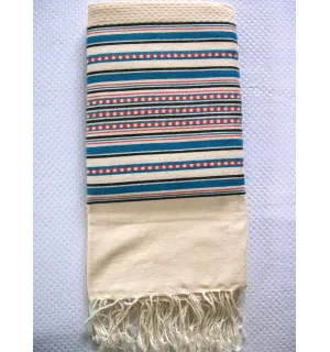 Fouta arabesque rayures bleu rouge coraille