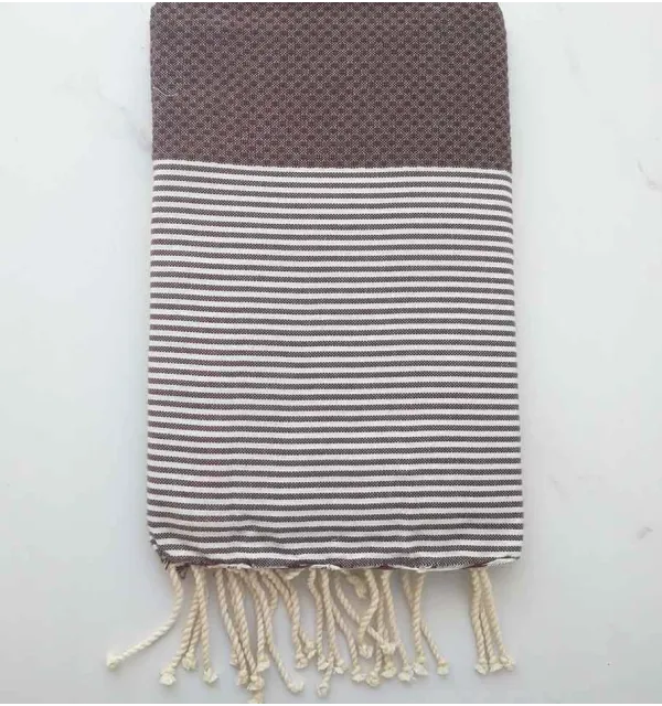 FOUTA NID D'ABEILLE rouge brun rayée blanc 