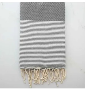 FOUTA NID D'ABEILLE  gris ciment rayée blanc 