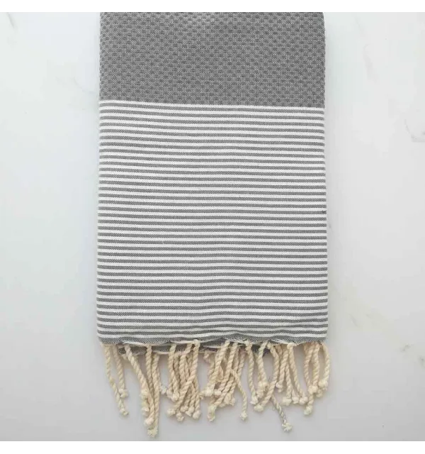 FOUTA NID D'ABEILLE gris ciment rayée blanc 