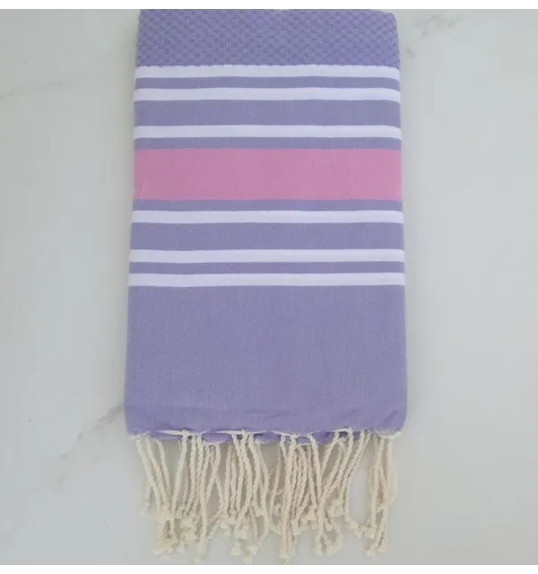 Fouta nid d'abeille violet clair rayée rose clair 