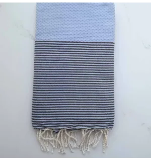 FOUTA NID D'ABEILLE bleu pompadour rayée noir 