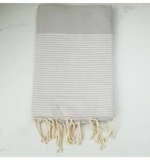 FOUTA NID D'ABEILLE gris perle rayée blanc 