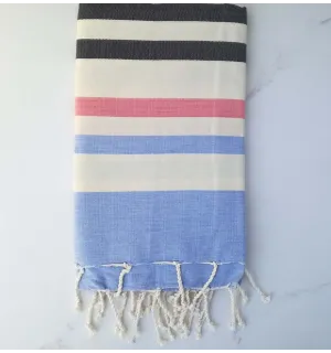 Fouta bleu, gris anthracite , blanc crème et rose