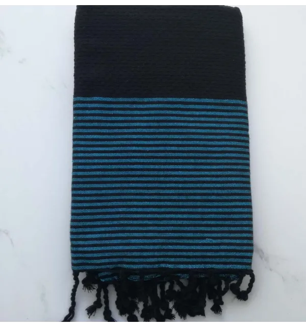 FOUTA Lurex NID D'ABEILLE noir rayée bleu azur 