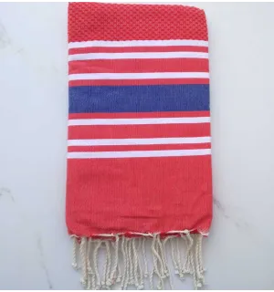 Fouta nid d'abeille rouge rayée bleu 