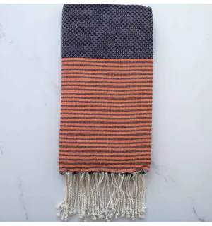 Fouta nid d'abeille bleu rayée orange 