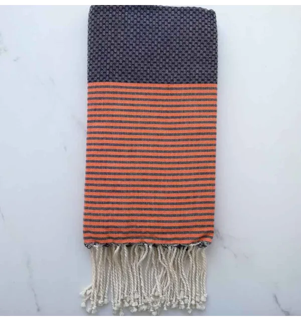Fouta nid d'abeille bleu rayée orange 