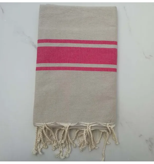 Fouta Plate taupe clair rayée rose 