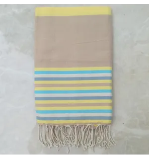 Fouta Plate beige, jaune, bleu azur, blanc crème et bleu horizon