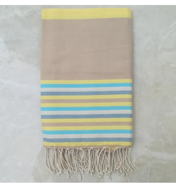 Fouta Plate beige, jaune, bleu azur, blanc crème et bleu horizon 