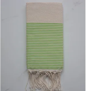 Fouta nid d'abeille blanc crème et vert 
