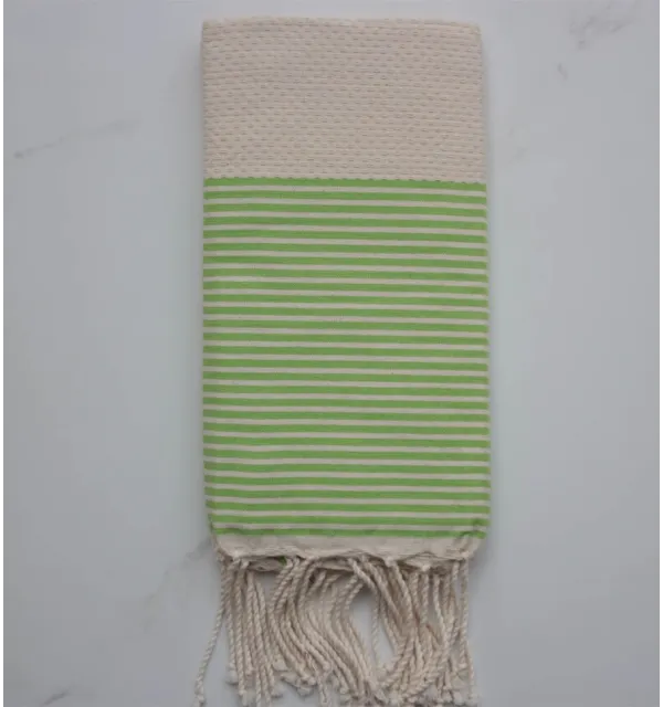 Fouta nid d'abeille blanc crème et vert 