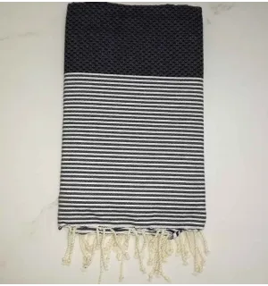 FOUTA NID D'ABEILLE bleu foncé rayée blanc 