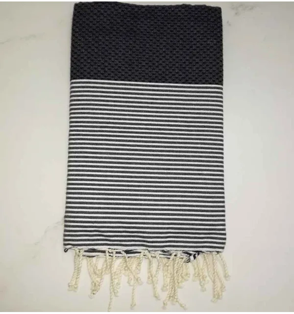 FOUTA NID D'ABEILLE bleu foncé rayée blanc 