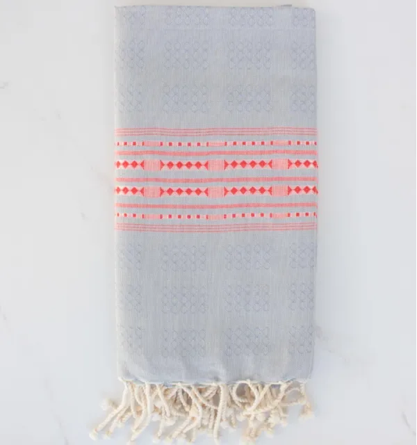 Fouta thalasso bleu fumée avec motifs rouge anglais 