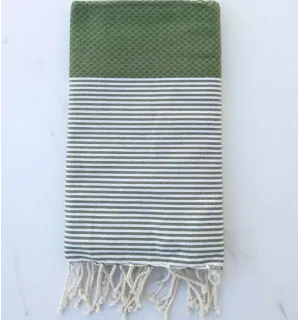 Fouta nid d'abeille vert avocat rayée blanc 