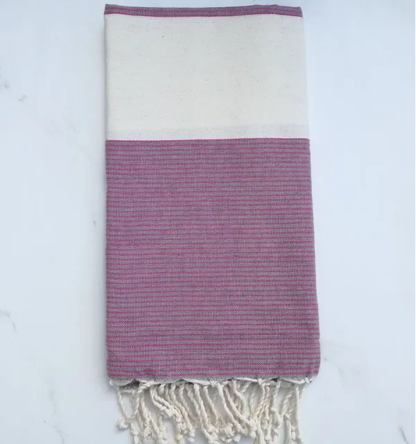 Fouta plate blanc crème et gris rayée rose 