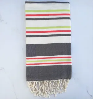 Fouta plate blanc crème, gris foncé, vert clair et rouge 
