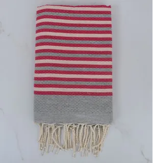 Fouta nid d'abeille rayée 1 cm gris, rose très clair et rose 