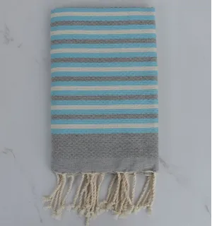Fouta nid d'abeille rayée 1 cm gris, bleu azur et blanc crème 