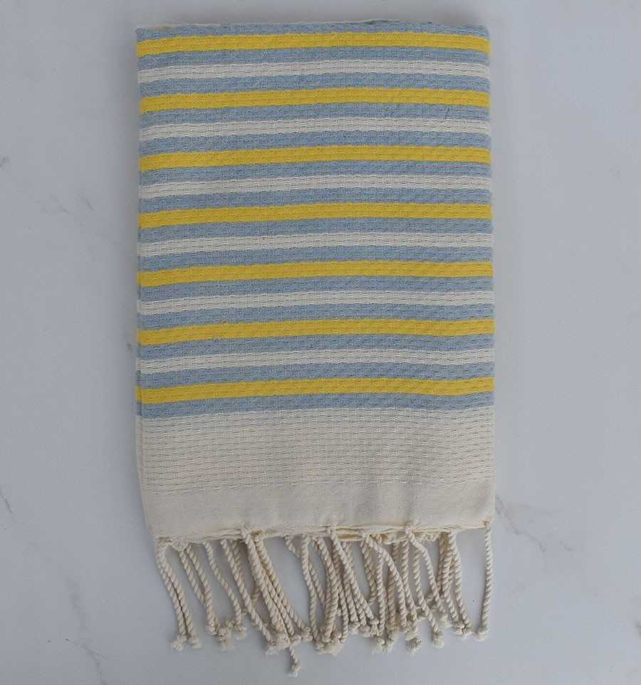 Fouta nid d'abeille rayée 1 cm rayures jaune et bleu charrette