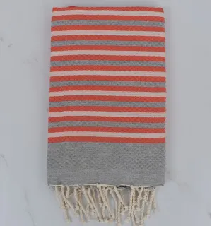 Fouta nid d'abeille gris et corail rayée 1 cm 