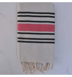 Fouta nid d'abeille gris perle rayée noir et rose 