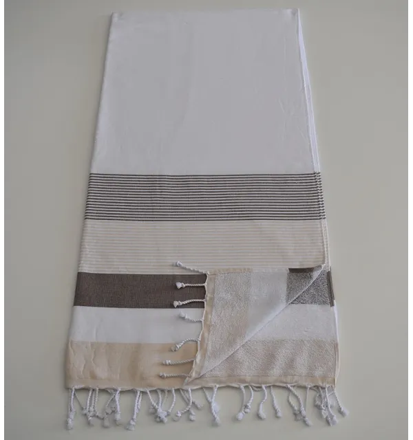 Fouta éponge blanc, marron et beige 