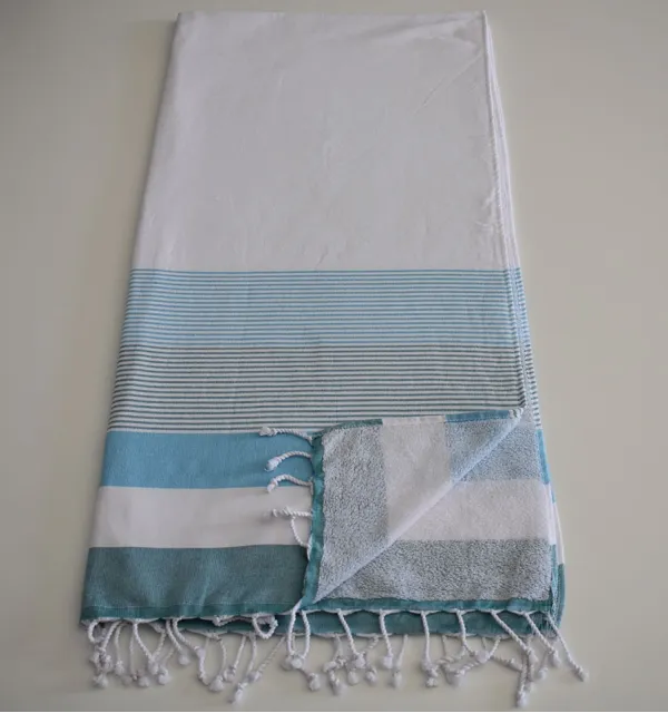 Fouta éponge blanc, bleu azur clair et canard 
