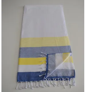Fouta éponge blanc, jaune et bleu 