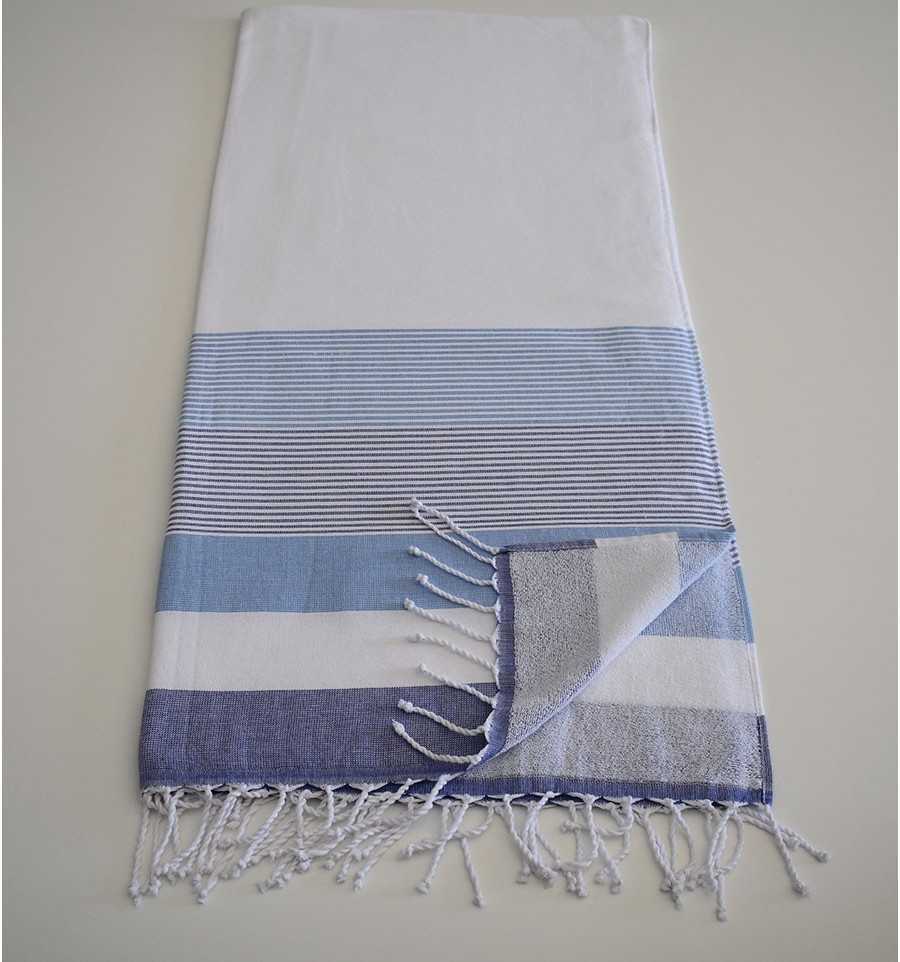 Fouta éponge blanc et bleu