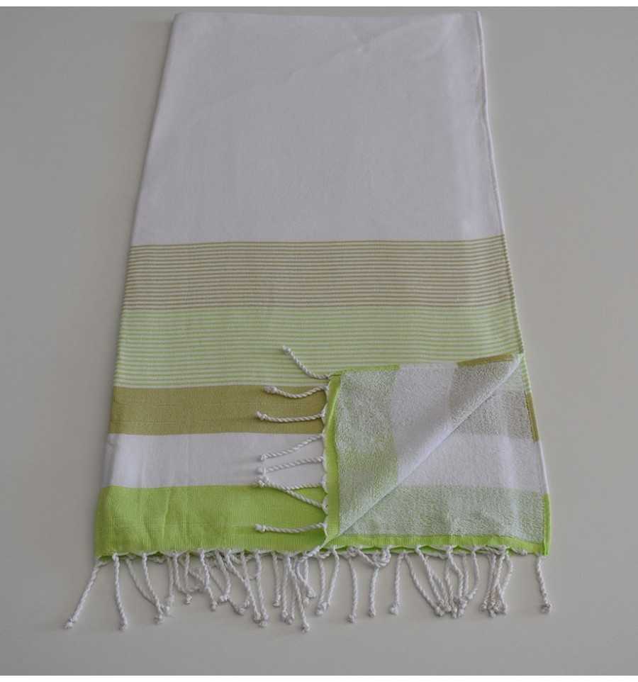 Fouta éponge blanc, vert clair et kaki clair