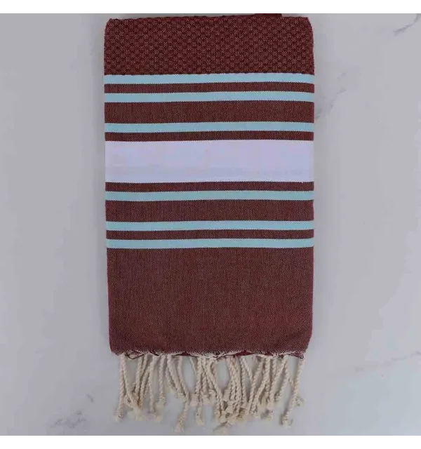 Fouta nid d'abeille rouge bourgogne rayée blanc et bleu clair 