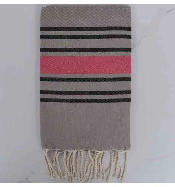 Fouta nid nid d'abeille taupe rayée noir et rose 