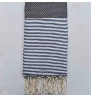 FOUTA NID D'ABEILLE gris plomb rayée blanc 