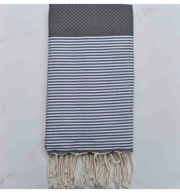 FOUTA NID D'ABEILLE gris plomb rayée blanc 