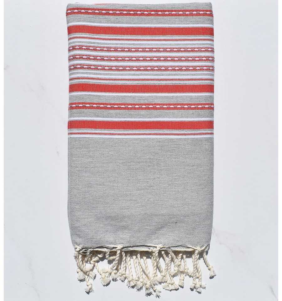 Fouta arabesque gris clair avec rayures rouge