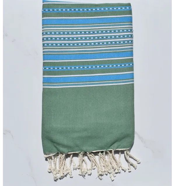 Fouta arabesque vert avec rayures bleu 