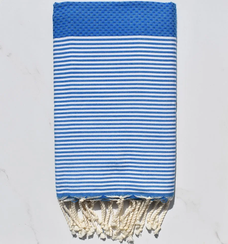 FOUTA NID D'ABEILLE Bleu électrique rayée blanc 