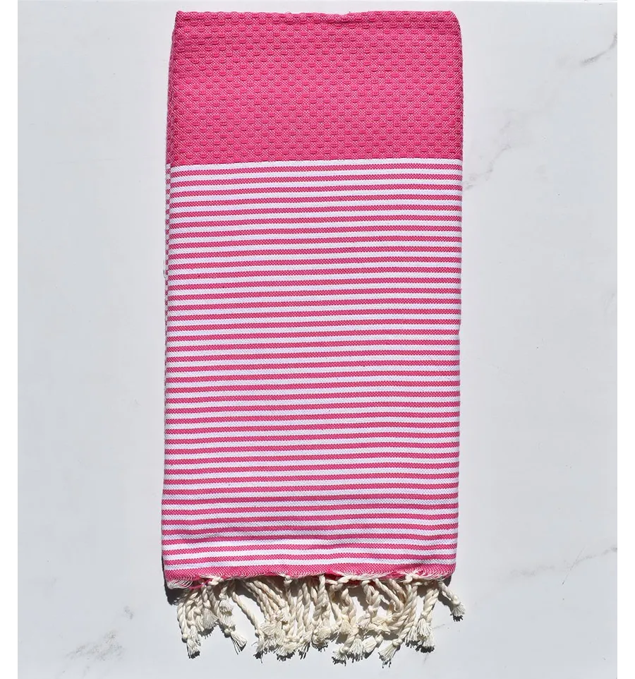 FOUTA NID D'ABEILLE fushia rayée blanc 